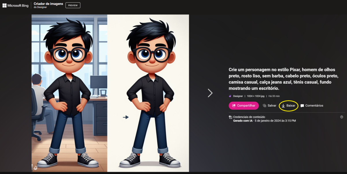 Personagem 2D criado através do Prompt com o Criador de Imagens
