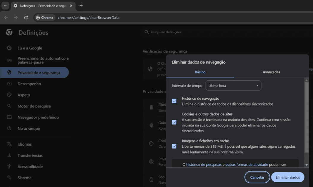 Como limpar o cache do Google Chrome