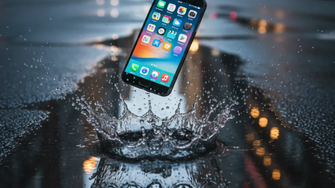 Um celular caindo em direção a uma poça de água numa rua molhada. O aparelho está suspenso no ar com a tela acesa, e gotículas de água da poça espirram para cima, congeladas no tempo, momentos antes do impacto.