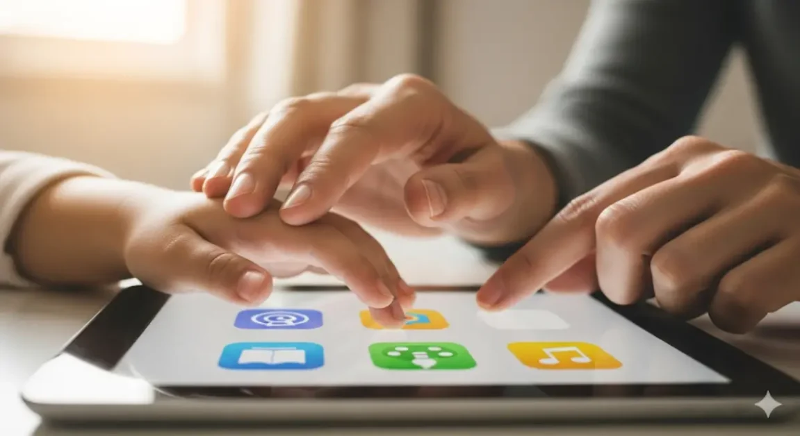 Um guia completo sobre controle parental, mostrando a mão de um adulto ajudando uma criança a navegar com segurança em um tablet.