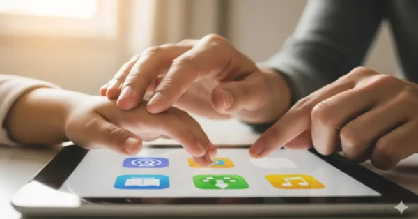 Um guia completo sobre controle parental, mostrando a mão de um adulto ajudando uma criança a navegar com segurança em um tablet.