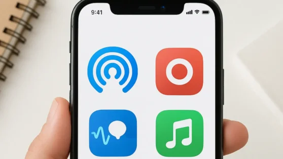 iPhone exibindo diversos recursos do iOS 26 — compartilhamento sem perda, gravação, tradução ao vivo, toque personalizado