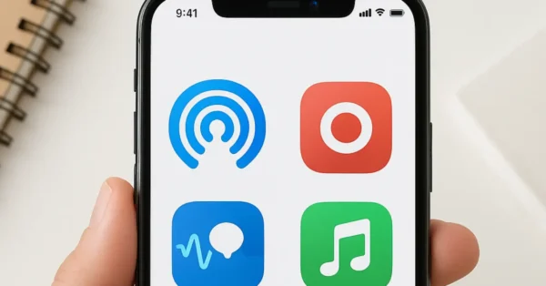 iPhone exibindo diversos recursos do iOS 26 — compartilhamento sem perda, gravação, tradução ao vivo, toque personalizado