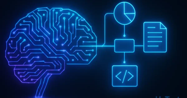Guia completo sobre o Manus AI, mostrando um cérebro digital executando tarefas de análise e criação de relatórios de forma autônoma.