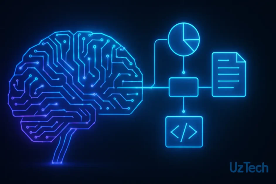 Guia completo sobre o Manus AI, mostrando um cérebro digital executando tarefas de análise e criação de relatórios de forma autônoma.