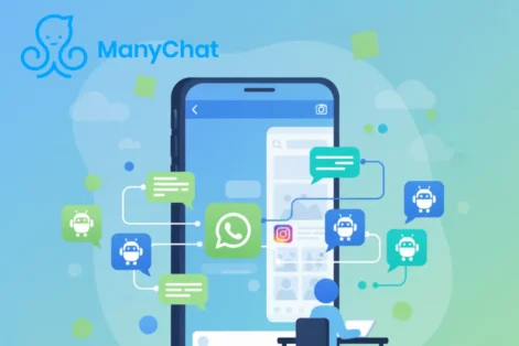Interface do ManyChat em celular com automação de mensagens no WhatsApp e Instagram.