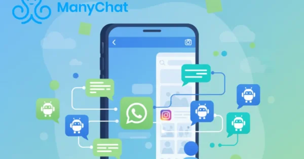 Interface do ManyChat em celular com automação de mensagens no WhatsApp e Instagram.