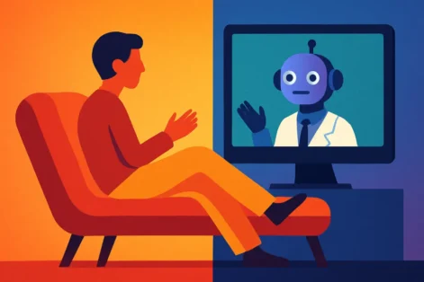 Pessoa em sessão de terapia com inteligência artificial em um aplicativo, mostrando riscos e limites da substituição de psicólogos por IA.