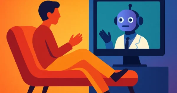 Pessoa em sessão de terapia com inteligência artificial em um aplicativo, mostrando riscos e limites da substituição de psicólogos por IA.