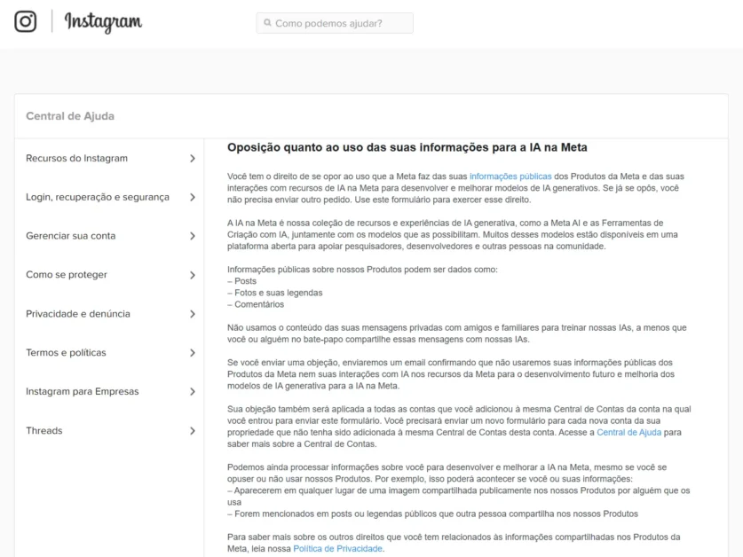 Oposição quanto ao uso das suas informações para a IA na Meta