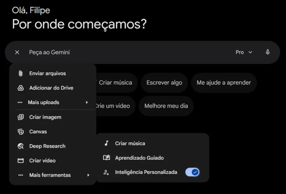 Inteligência Personalizada no Gemini - Imagem: Reprodução / Gemini.