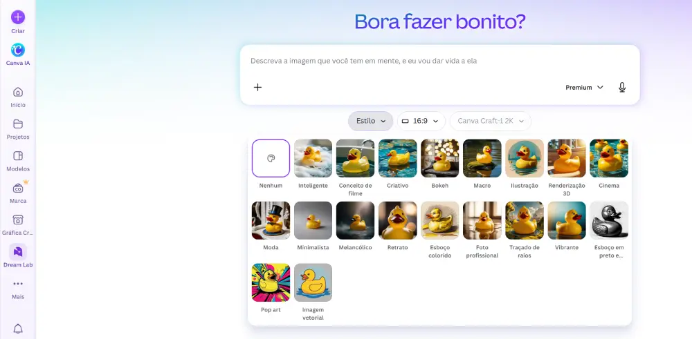 IA cria imagens com resolução de 2K em qualquer proporção e possui diversos estilos. Imagem: Reprodução / Canva.
