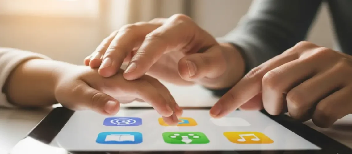 Um guia completo sobre controle parental, mostrando a mão de um adulto ajudando uma criança a navegar com segurança em um tablet.