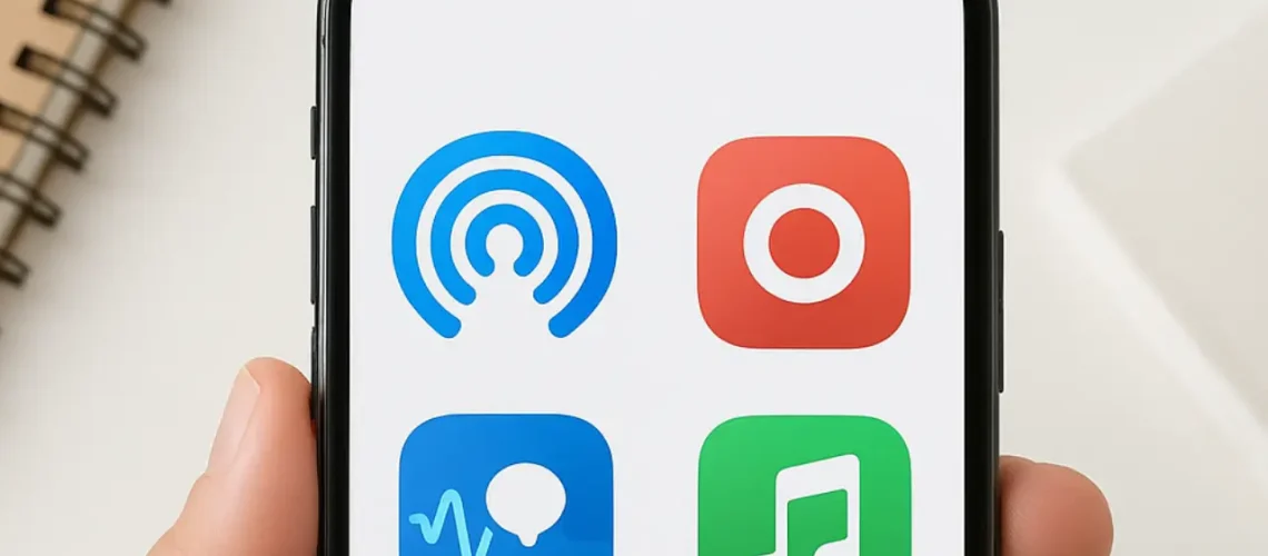 iPhone exibindo diversos recursos do iOS 26 — compartilhamento sem perda, gravação, tradução ao vivo, toque personalizado
