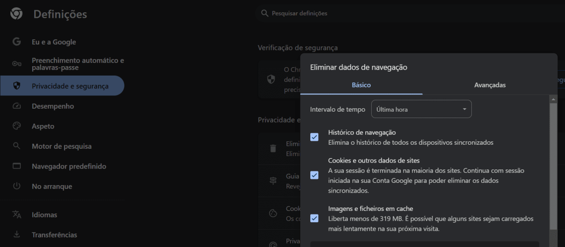 Como limpar o cache do Google Chrome
