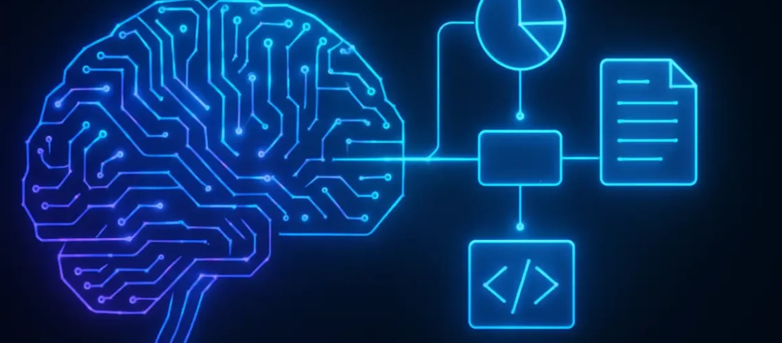 Guia completo sobre o Manus AI, mostrando um cérebro digital executando tarefas de análise e criação de relatórios de forma autônoma.