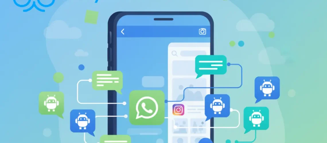 ManyChat Interface do ManyChat em celular com automação de mensagens no WhatsApp e Instagram.
