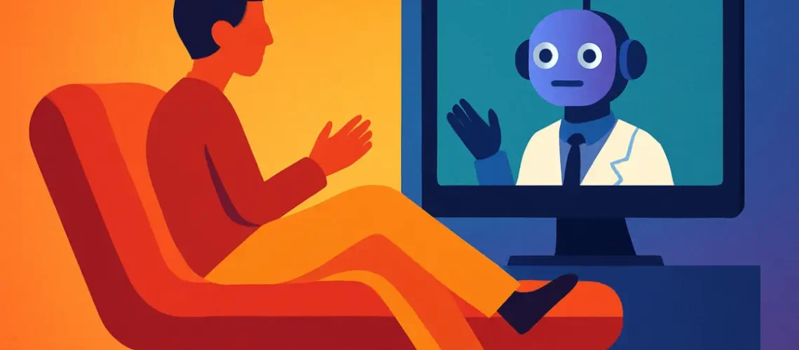 Pessoa em sessão de terapia com inteligência artificial em um aplicativo, mostrando riscos e limites da substituição de psicólogos por IA.